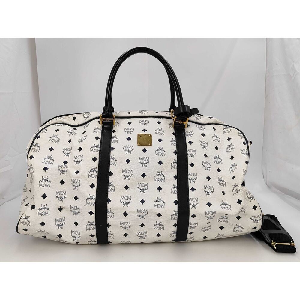 MCM Munchen White/Blue Canvas Leather Large Duffle Weekender Travel Bag w/strap